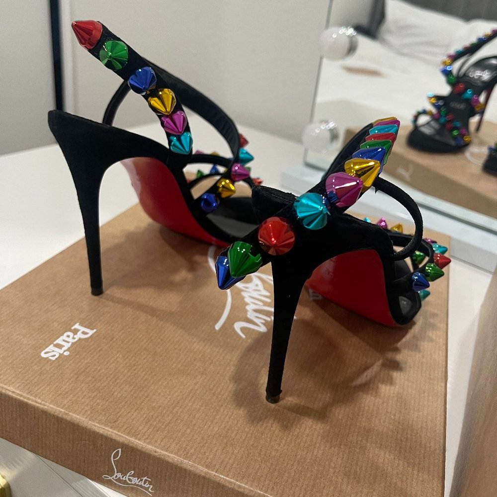 CHRISTIAN LOUBOUTIN Spikita 100 mm black and rainbow suede sandal heels - Picture 6 of 7